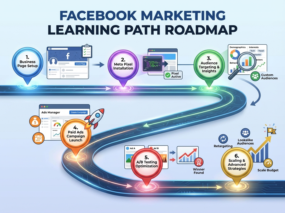 Facebook marketing learning path roadmap showing six sequential stages from Business Page setup through Meta Pixel installation to paid ads campaign launch and A/B testing optimization