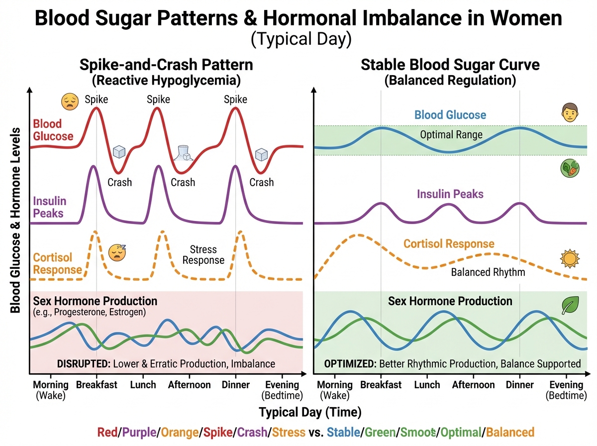 Blood sugar spike-and-crash pattern vs stable blood sugar curve for women with hormonal imbalance, showing cortisol response, insulin peaks, and effect on sex hormone production across a typical day