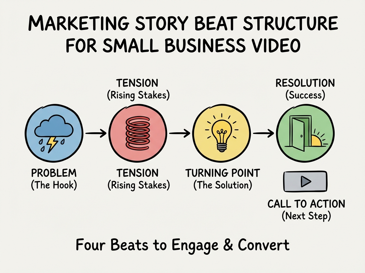 Marketing story beat structure diagram for small business video storyselling showing four beats: problem, tension, turning point, and resolution with call to action placement