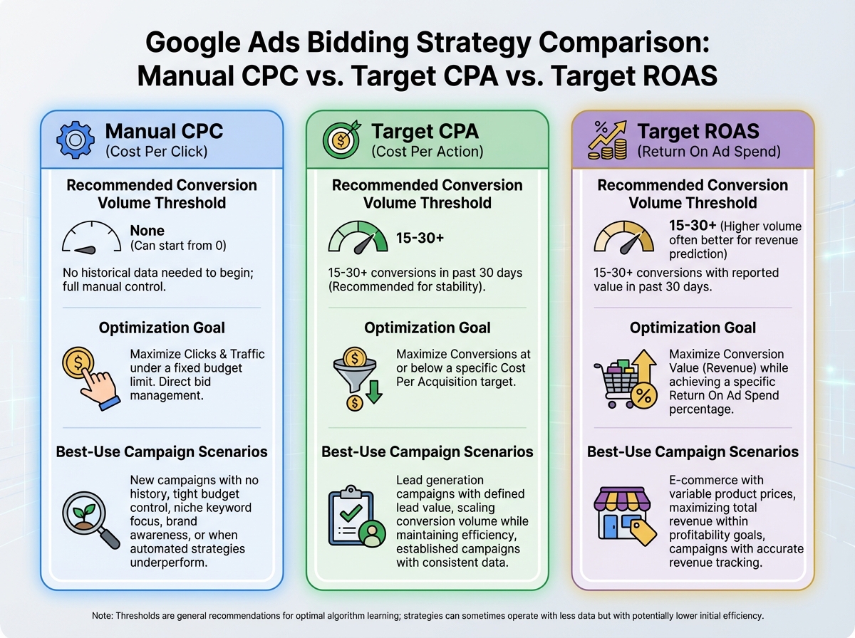 Google Ads bidding strategy comparison showing Manual CPC vs Target CPA vs Target ROAS with recommended conversion volume thresholds, optimization goals, and best-use campaign scenarios side by side