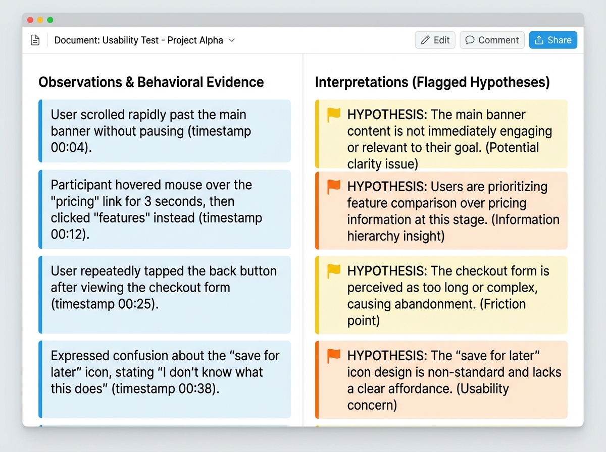 Split-screen UX research note document showing observations column with behavioral evidence on the left and interpretations flagged as hypotheses on the right with color coding