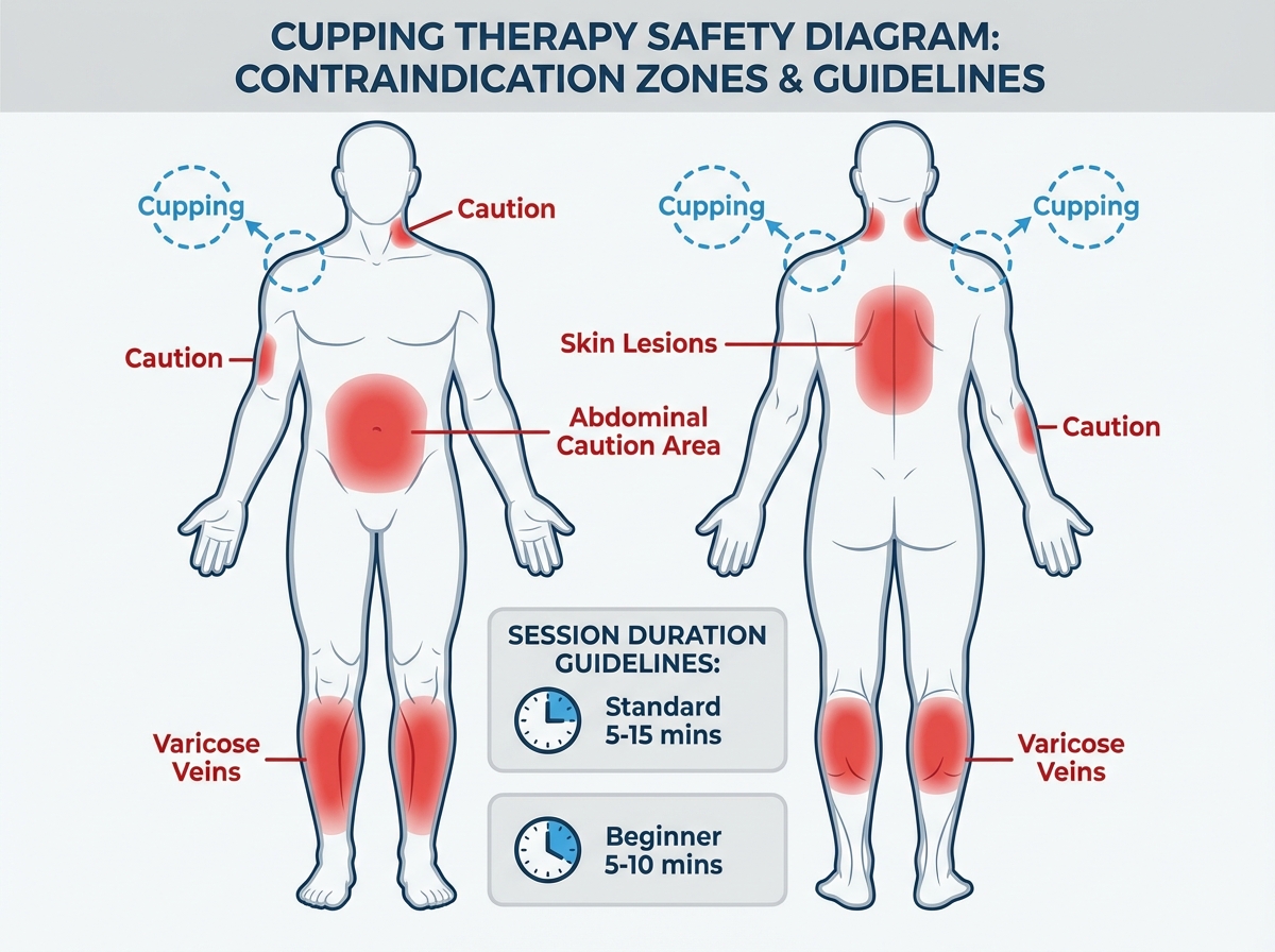 Cupping therapy safety diagram showing body map with contraindication zones highlighted in red including varicose veins, skin lesions, and abdominal caution area, with session duration guidelines annotated