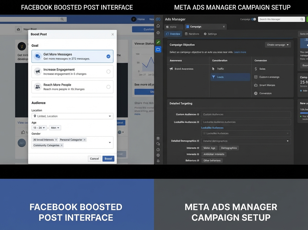 Side-by-side comparison of Facebook boosted post interface versus Meta Ads Manager campaign setup showing targeting depth and objective options available in each