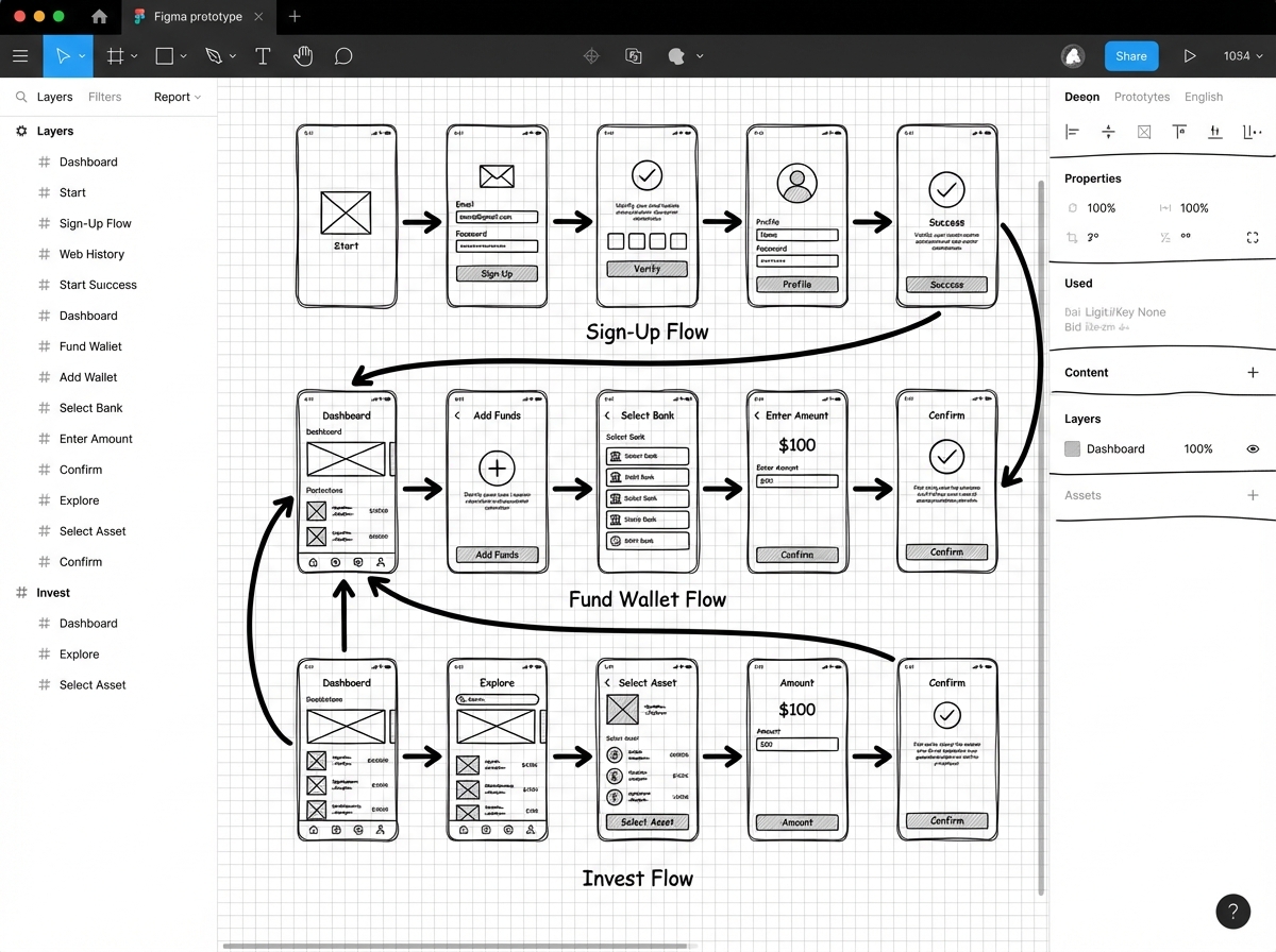 Figma prototype view showing three linked low-fidelity task flows for a fintech app — sign-up, fund wallet, and invest — with arrow connections between mobile wireframe screens