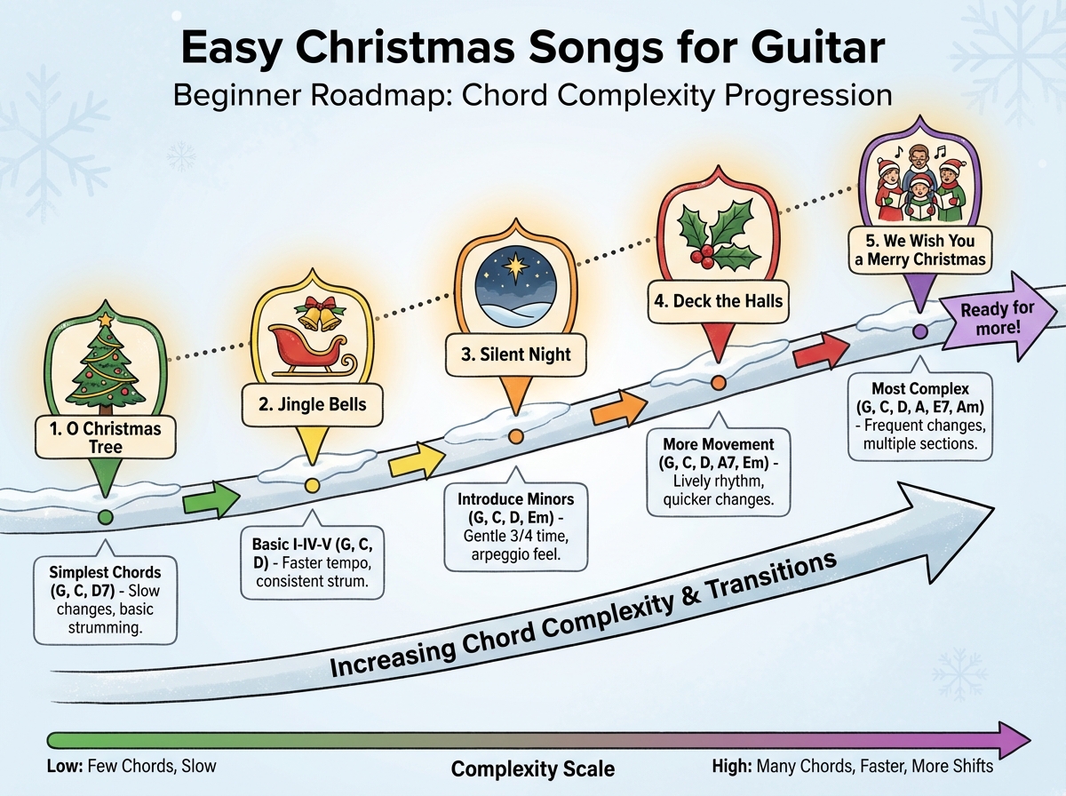 Easy Christmas songs for guitar beginner roadmap showing five songs arranged by chord complexity from O Christmas Tree through Jingle Bells, Silent Night, Deck the Halls to We Wish You a Merry Christmas