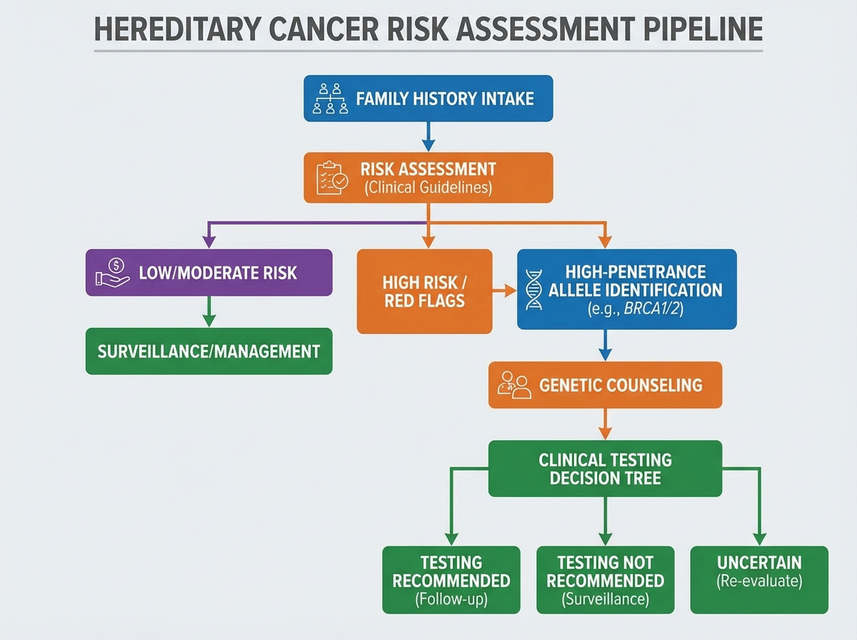 Hereditary cancer risk assessment pipeline diagram showing family history intake, high-penetrance allele identification, genetic counseling, and clinical testing decision tree