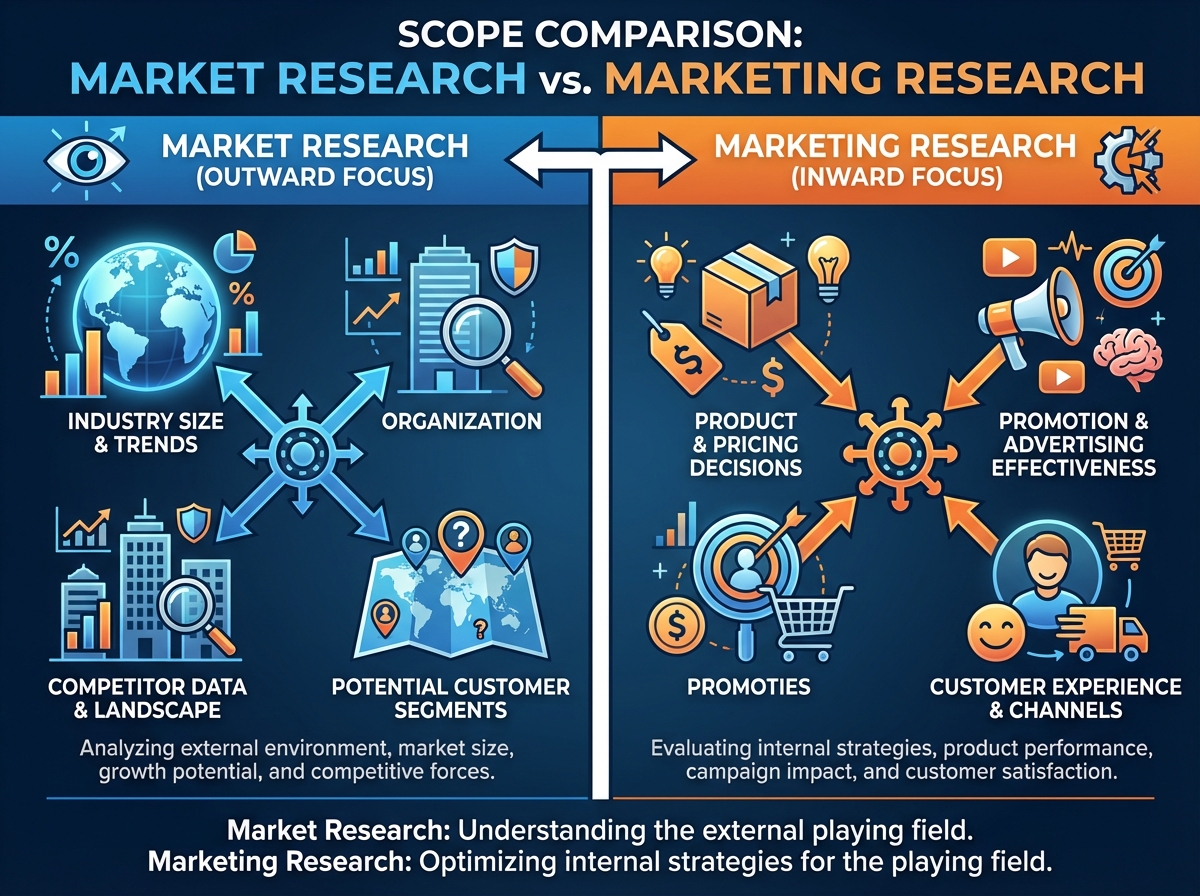 Side-by-side comparison of market research vs marketing research scope, showing market research pointing outward to industry size and competitor data, and marketing research pointing inward to specific brand decisions