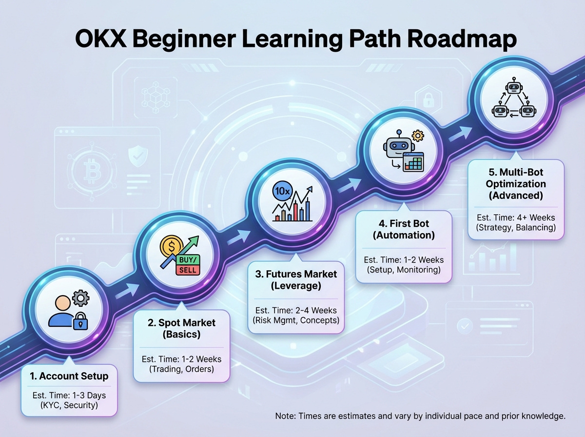 OKX beginner learning path roadmap showing five sequential stages: account setup, spot market, futures market, first bot, multi-bot optimization — with estimated time labels per stage