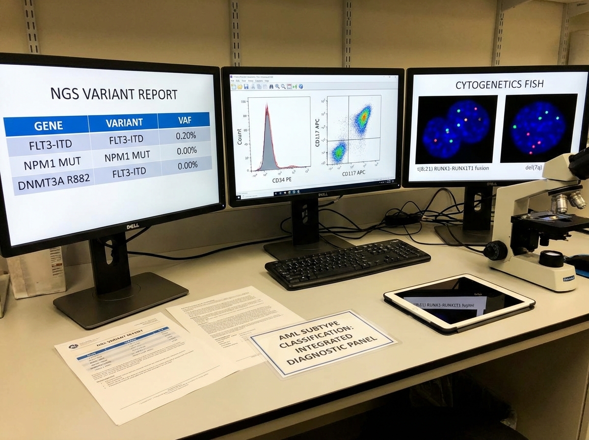 Hematological cancer molecular diagnostic panel showing NGS variant report alongside flow cytometry immunophenotyping results and cytogenetics FISH output for AML subtype classification