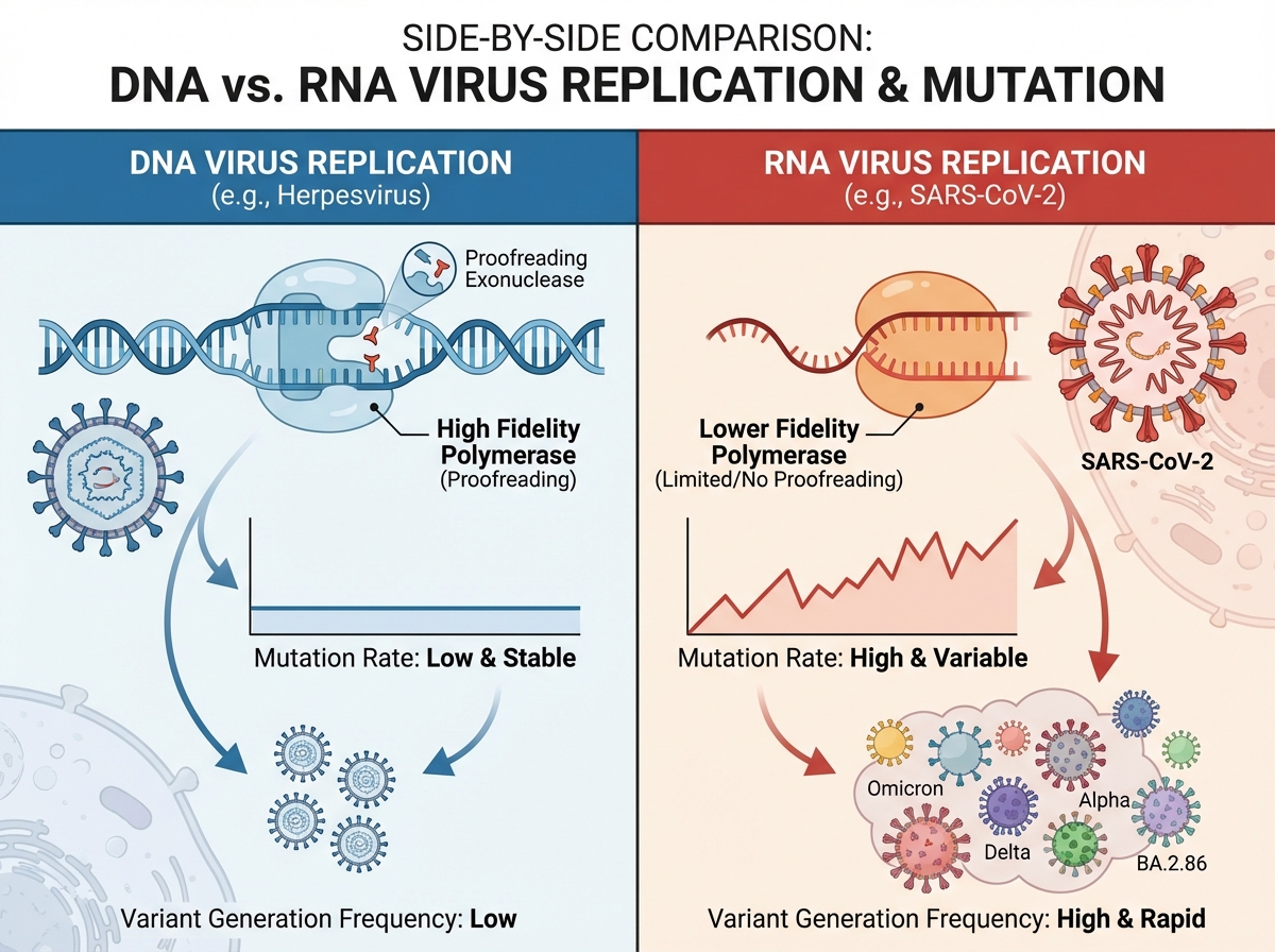 Side-by-side comparison of DNA virus and RNA virus replication showing mutation rate differences, polymerase fidelity, and variant generation frequency with SARS-CoV-2 as RNA example