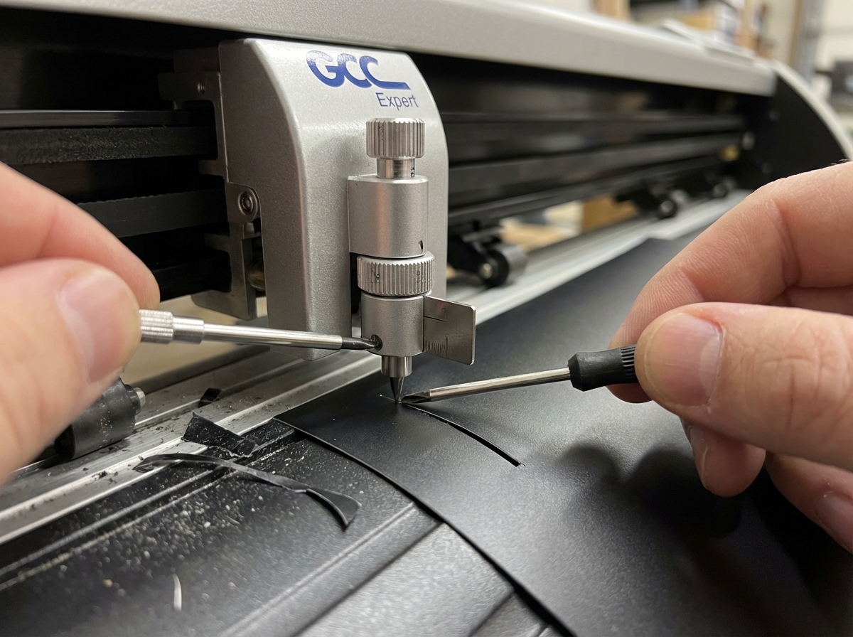 Close-up of GCC Expert vinyl cutter blade housing being adjusted with a screwdriver, showing blade depth measurement against a test cut sample on matte black vinyl