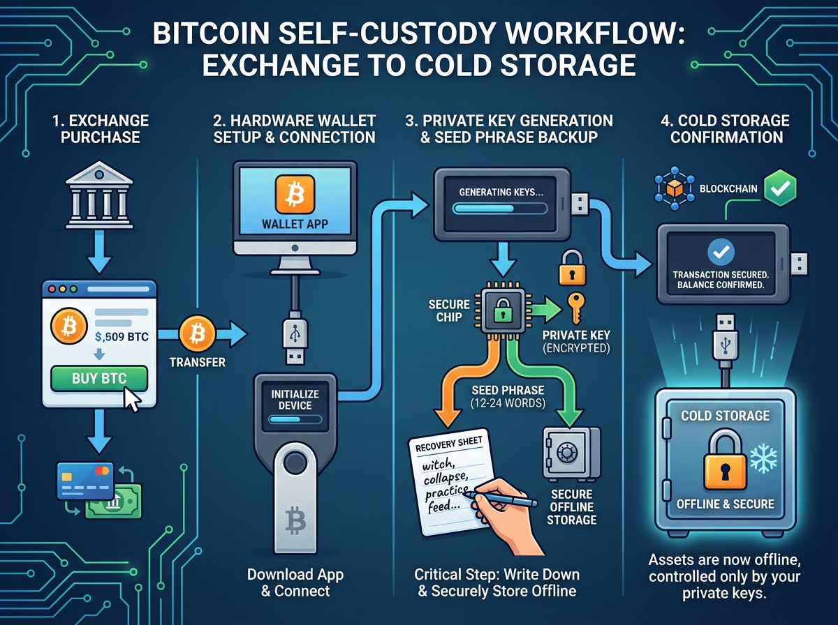 Bitcoin self-custody workflow diagram showing the path from exchange purchase to hardware wallet setup, private key generation, seed phrase backup, and cold storage confirmation