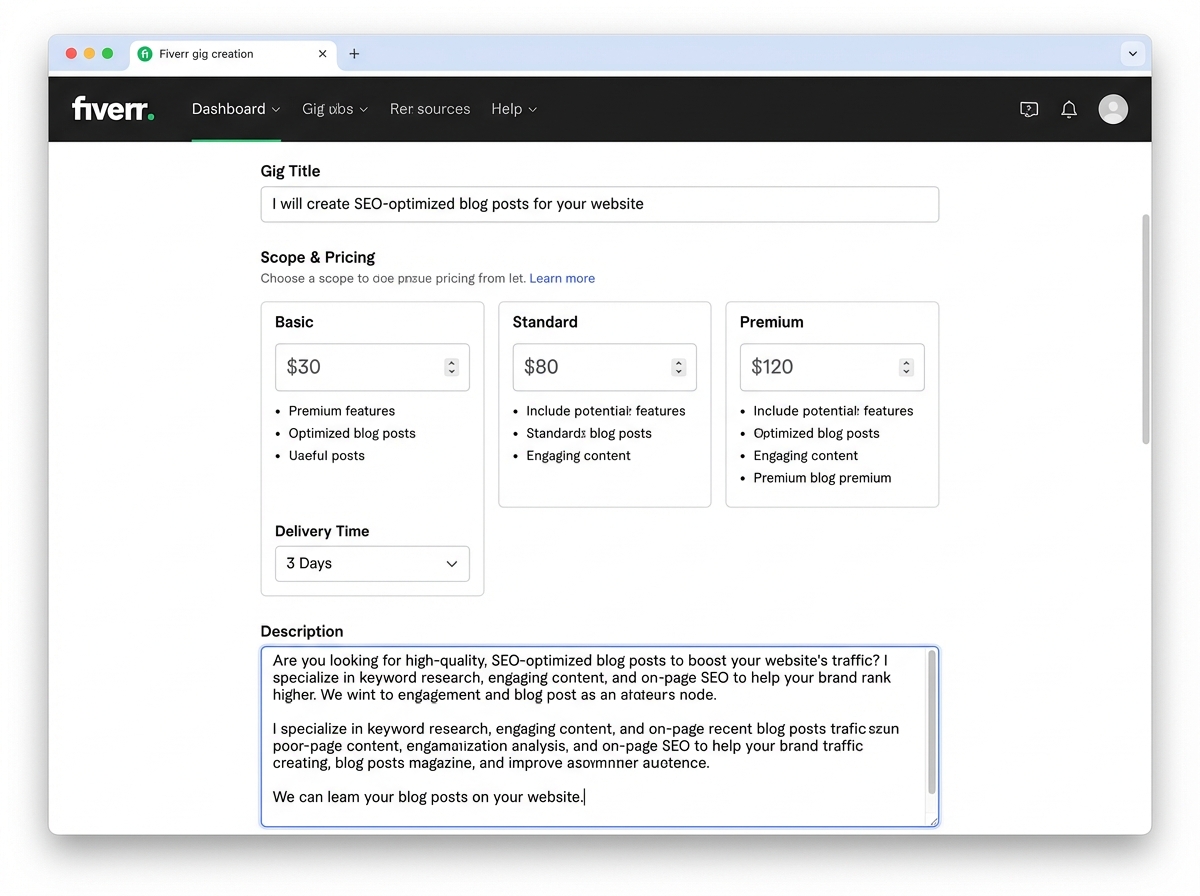 Fiverr gig creation interface showing the title field, package pricing tiers, delivery time selector, and description box with keyword-optimized example text