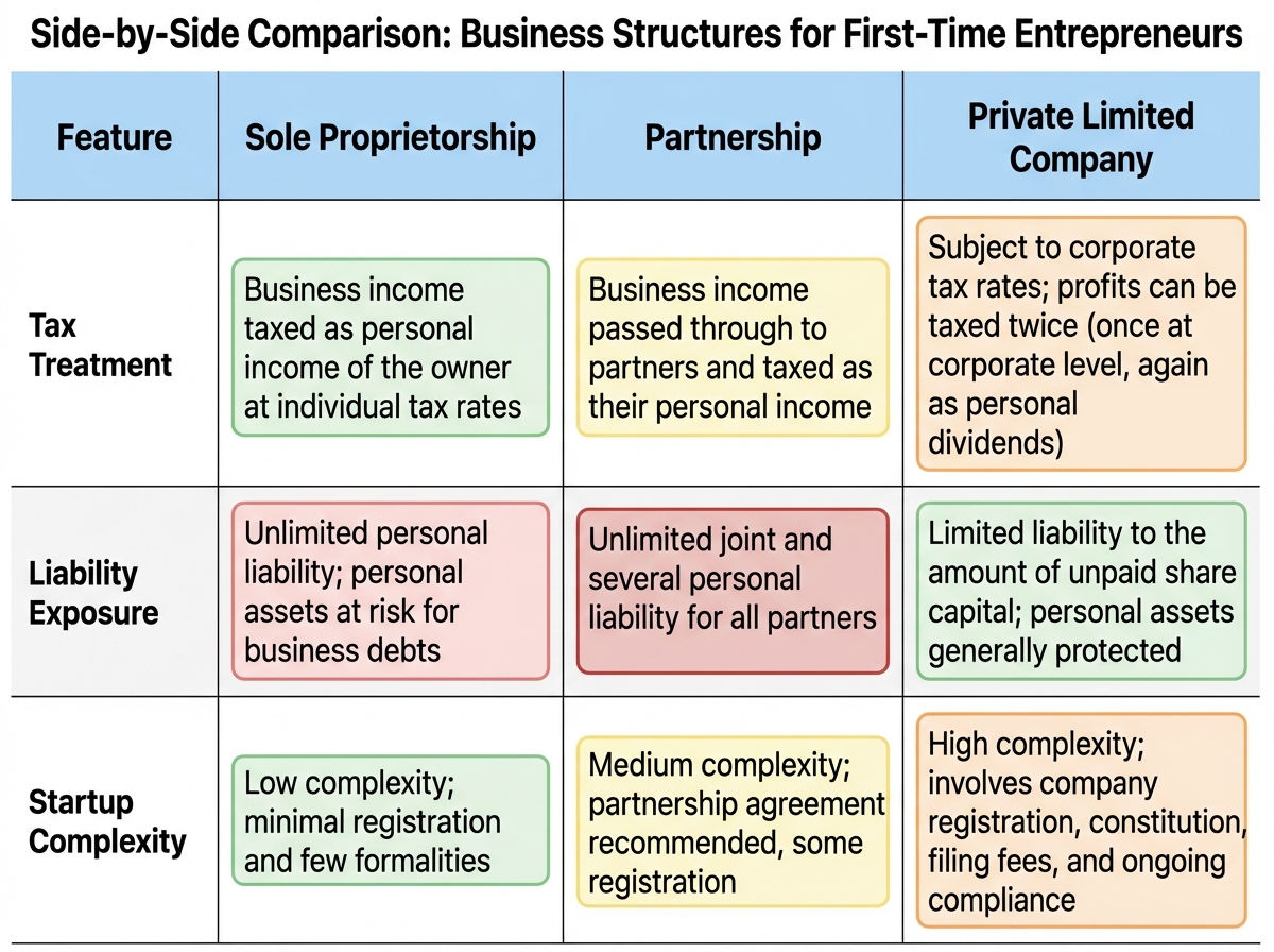 Side-by-side comparison table of sole proprietorship vs partnership vs private limited company showing tax treatment, liability exposure, and startup complexity for first-time entrepreneurs