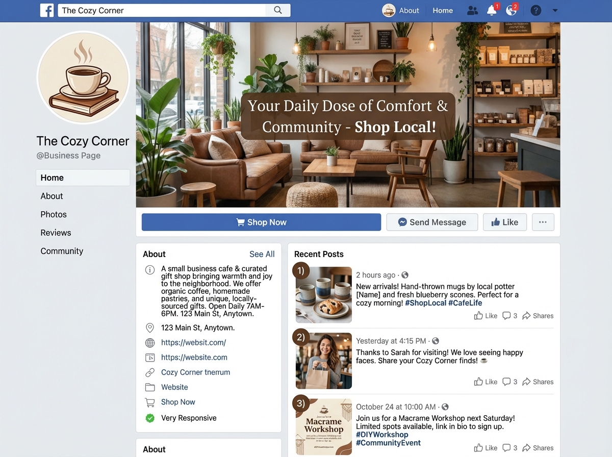 Facebook Business Page fully optimized setup showing profile photo cover image About section call-to-action button and recent posts for a small business brand
