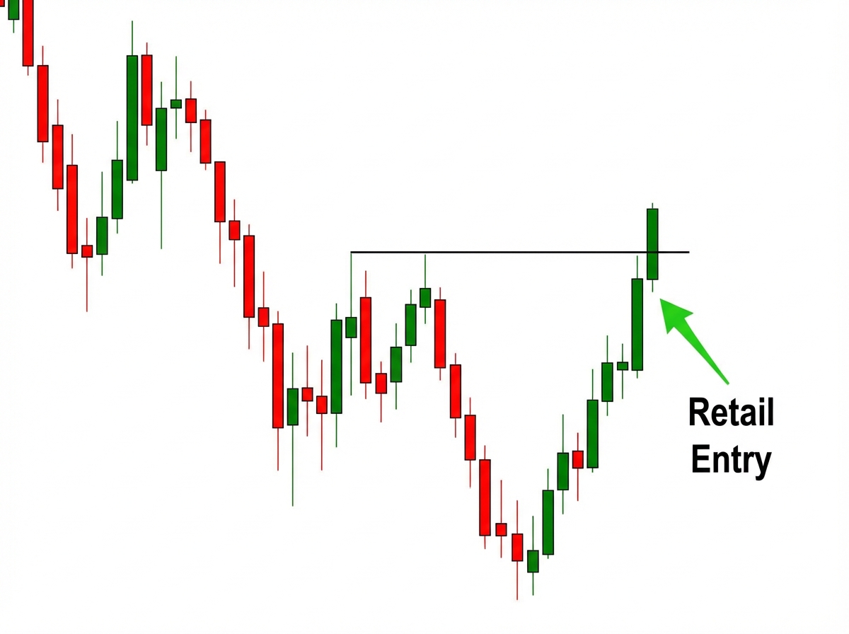 Comparison of retail swing trading entry vs smart money swing trading entry, showing identical chart with different marked entry points — one at break of structure, one at liquidity sweep