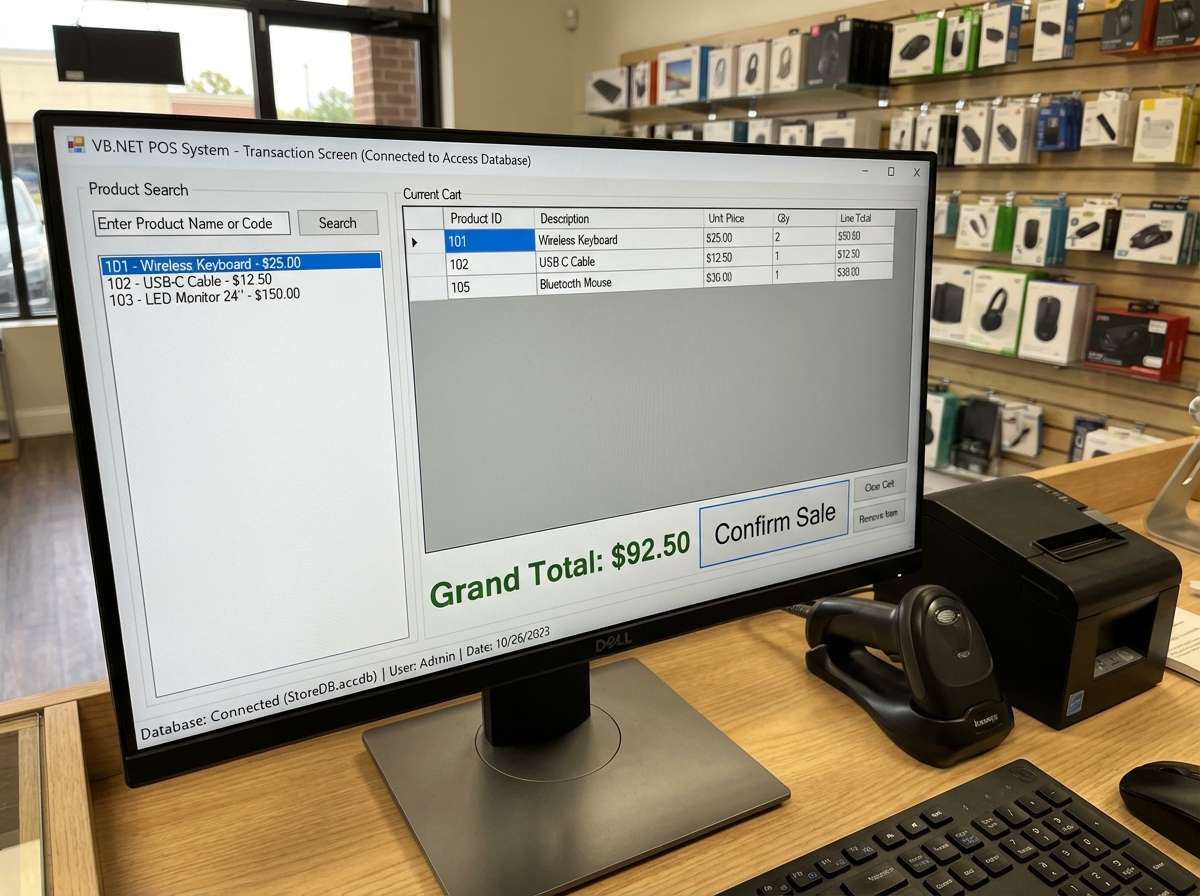 VB.NET point of sale system transaction screen showing product search, cart DataGridView with quantities and line totals, running grand total, and confirm sale button connected to Access database