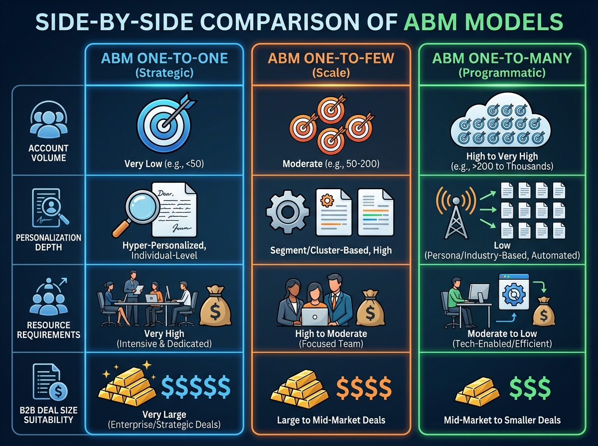 Side-by-side comparison of ABM one-to-one, one-to-few, and one-to-many models showing account volume, personalization depth, resource requirements, and B2B deal size suitability