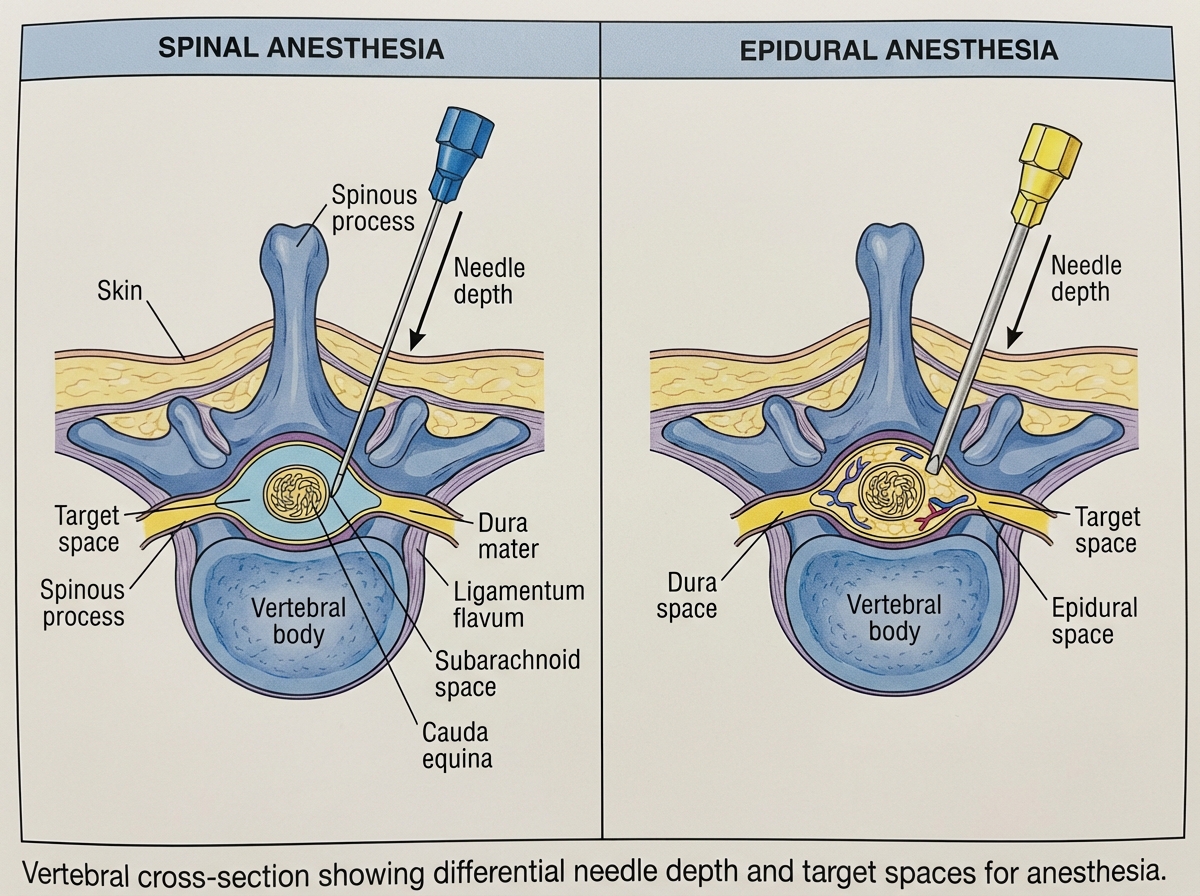 Side-by-side comparison of spinal vs epidural anesthesia anatomy showing needle depth, target space, and vertebral cross-section with labeled subarachnoid and epidural spaces