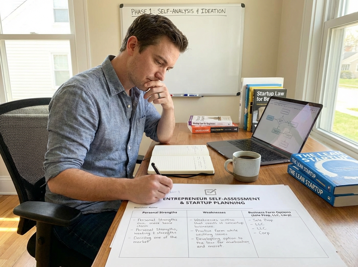 Entrepreneur reviewing self-assessment worksheet listing personal strengths, weaknesses, and business form options — representing the self-analysis phase of early-stage startup planning for entrepreneurship beginners