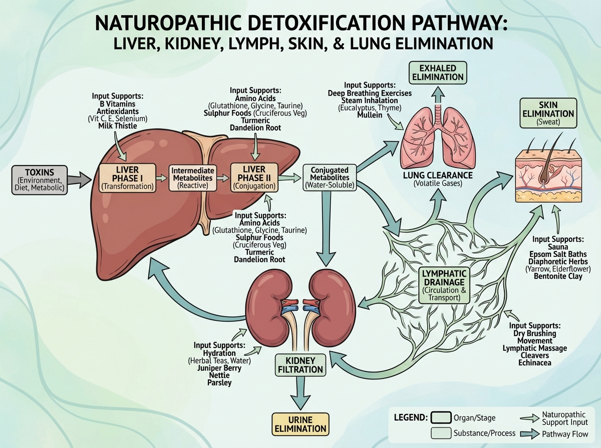 Naturopathy detoxification pathway diagram showing liver two-phase processing, kidney filtration, lymphatic drainage, skin elimination, and lung clearance with naturopathic support inputs labeled at each stage