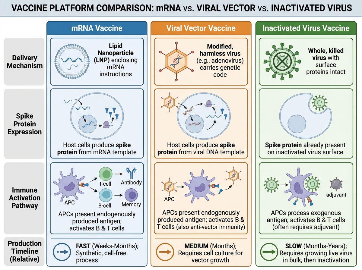 Side-by-side comparison of mRNA vaccine, viral vector vaccine, and inactivated virus vaccine showing delivery mechanism, spike protein expression, immune activation pathway, and production timeline differences