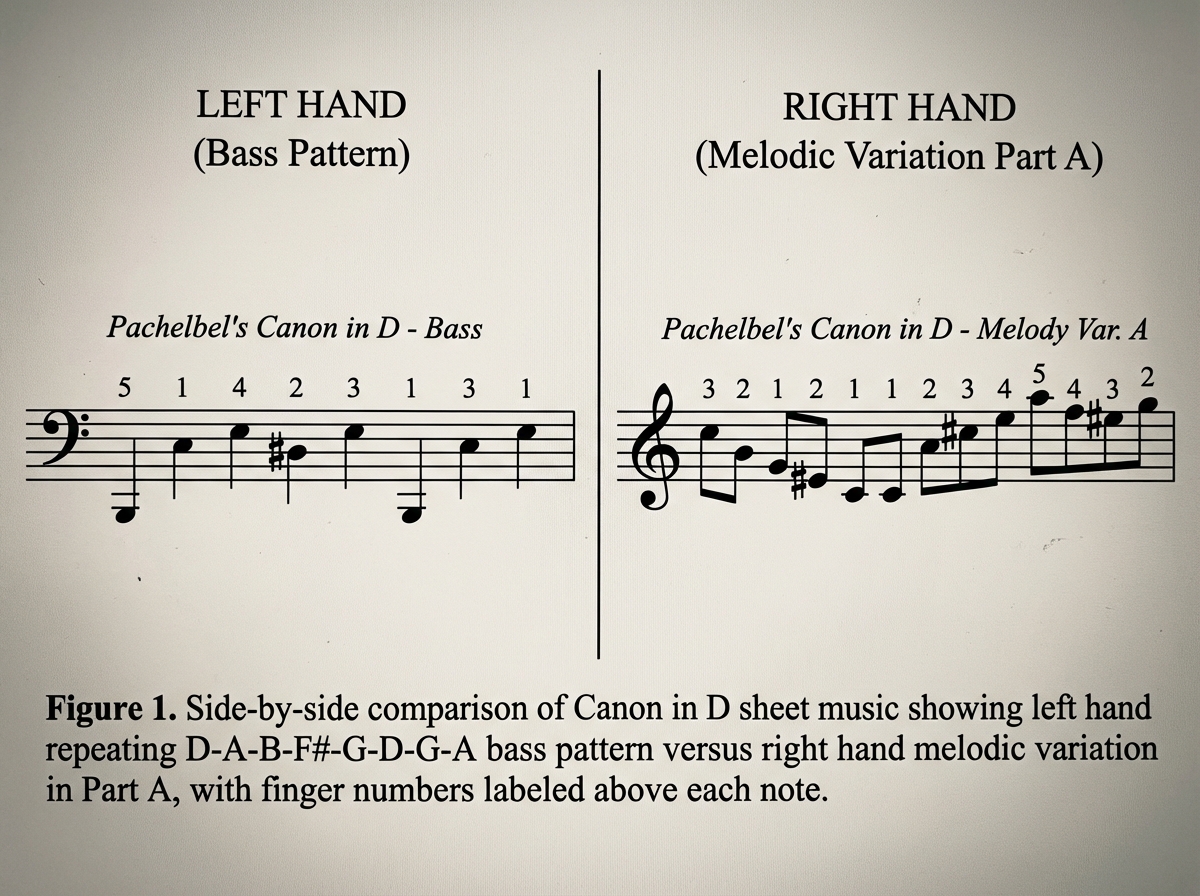 Side-by-side comparison of Canon in D sheet music showing left hand repeating D-A-B-F#-G-D-G-A bass pattern versus right hand melodic variation in Part A, with finger numbers labeled above each note