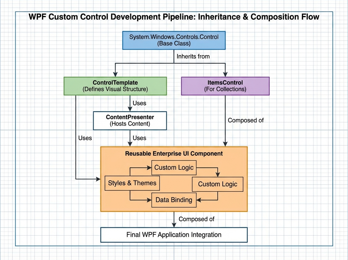 WPF custom control development pipeline diagram showing inheritance from Control base class through ControlTemplate, ContentPresenter, and ItemsControl to reusable enterprise UI component