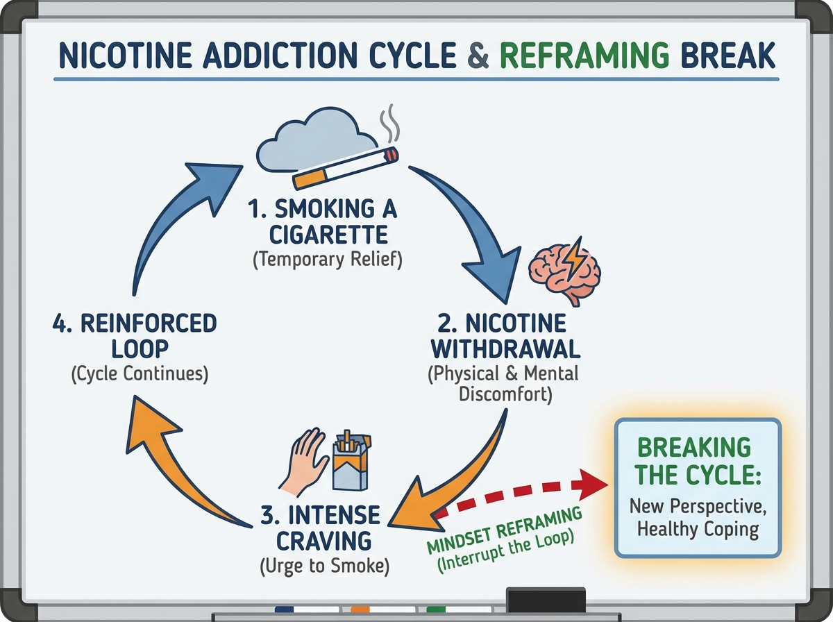 Nicotine addiction cycle diagram showing how cigarettes create the craving they temporarily relieve, illustrating the self-reinforcing loop that mindset reframing must break