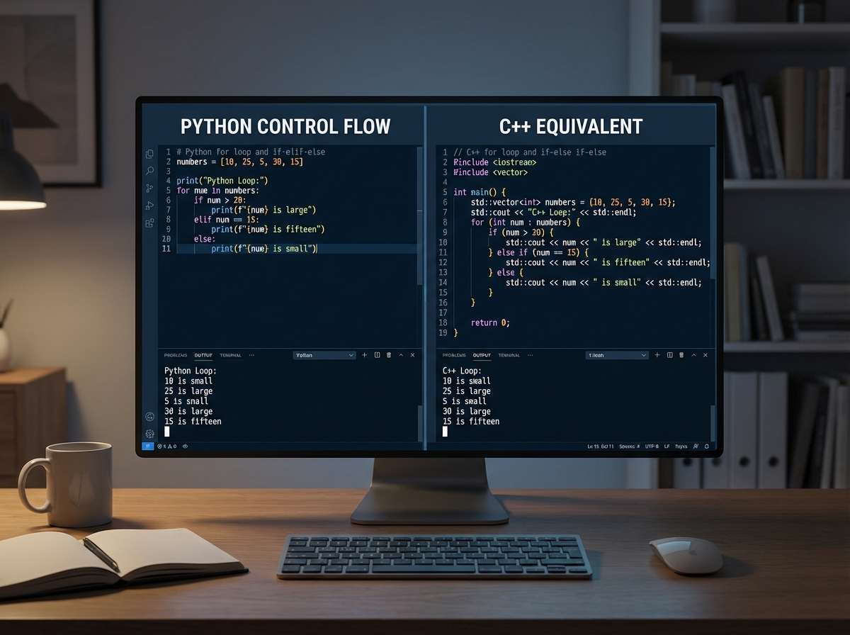 Python control flow code example showing a for loop iterating over a list and an if-elif-else block, with a C++ equivalent loop shown beside it for comparison by developers transitioning
