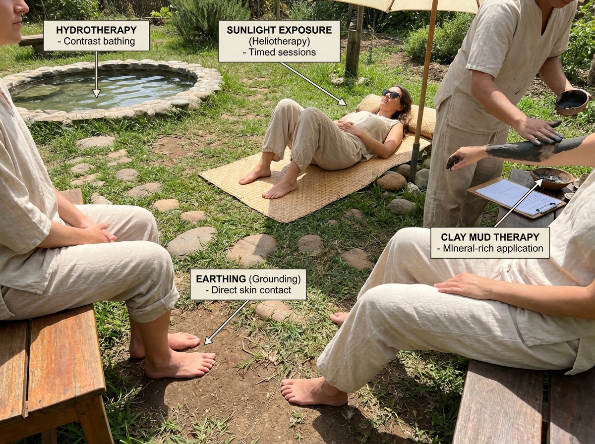 Naturopathy hydrotherapy and sun therapy practice scene showing outdoor earthing on natural ground, sunlight exposure position, and clay mud therapy application with labeled technique notes