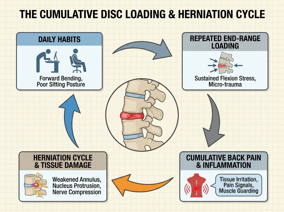 Diagram showing repeated end-range disc loading from daily habits like forward bending and poor sitting posture contributing to cumulative back pain and herniation cycle