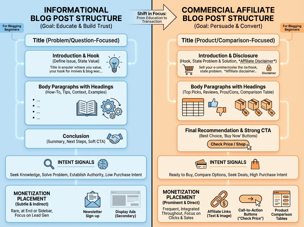 Side-by-side comparison of informational blog post structure vs commercial affiliate blog post structure, showing headings, intent signals, and monetization placement differences for blogging beginners