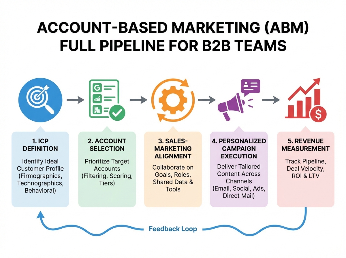 Account-based marketing full pipeline diagram showing ICP definition, account selection, sales-marketing alignment, personalized campaign execution, and revenue measurement for B2B teams