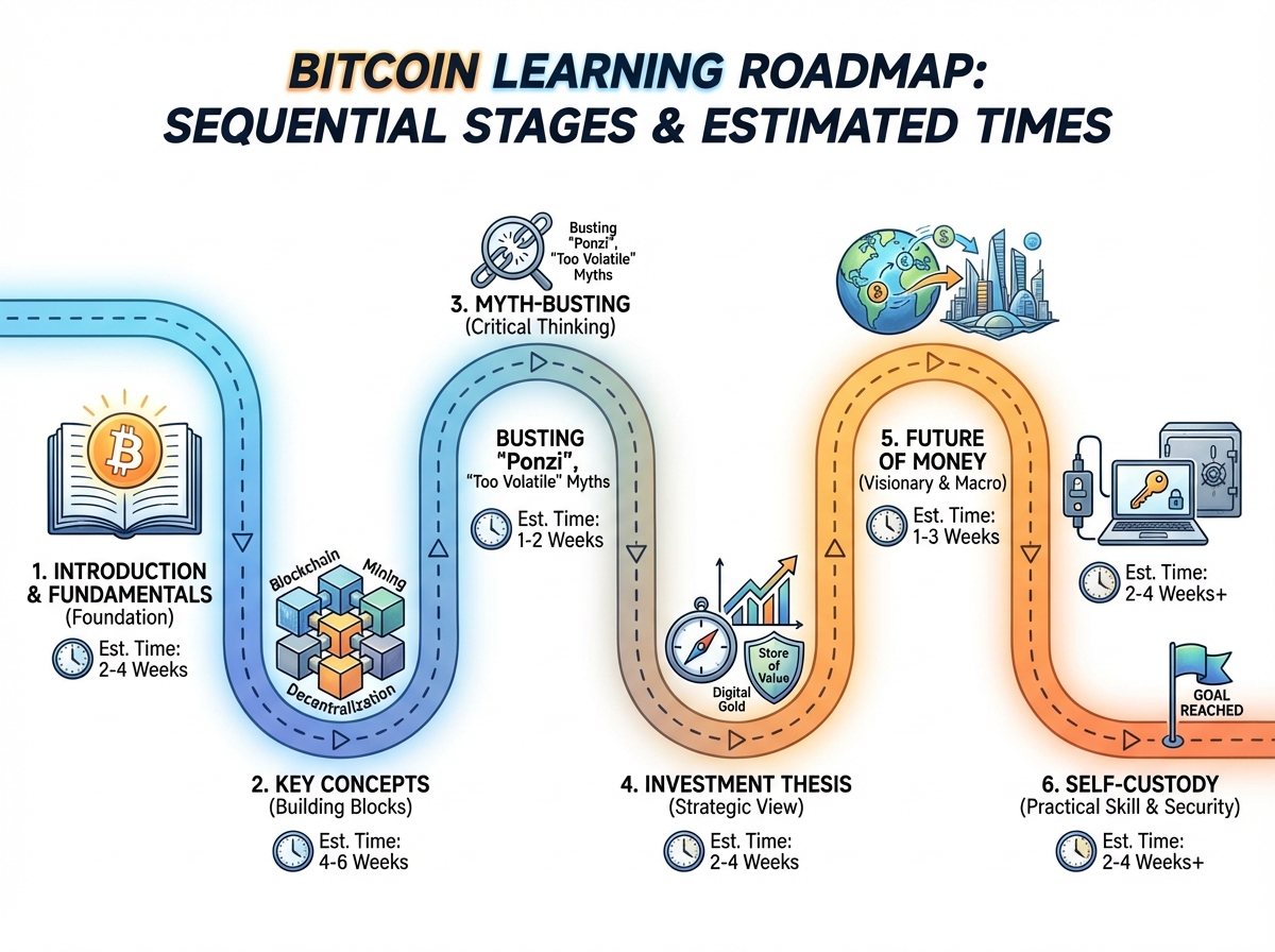 Bitcoin learning roadmap showing six sequential stages from Introduction through Investment Thesis, Myth-Busting, Future of Money, Key Concepts, to Self-Custody with estimated times per stage