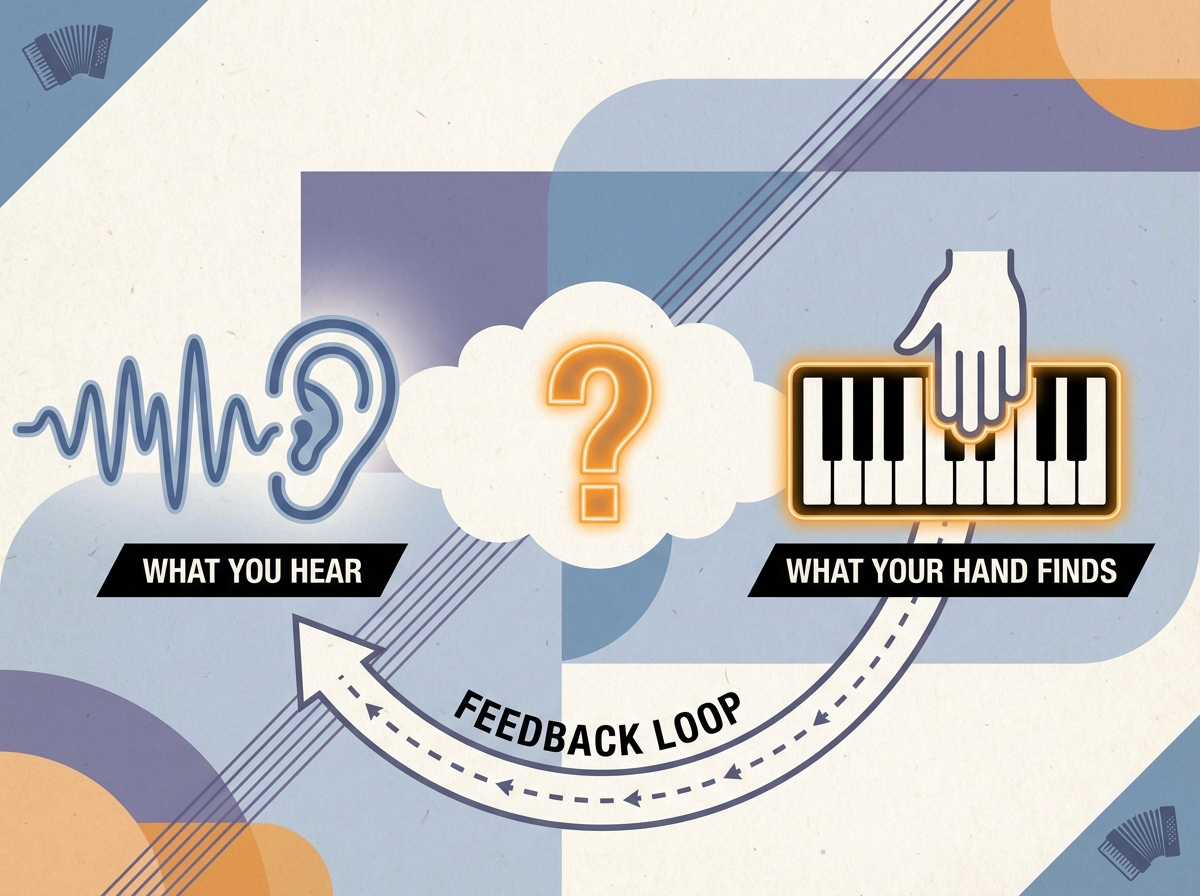 Abstract concept illustration of accordion ear training showing a sound wave on the left labeled 'what you hear', a question mark in the middle representing the gap, and a piano keyboard on the right labeled 'what your hand finds', with an arrow showing the feedback loop