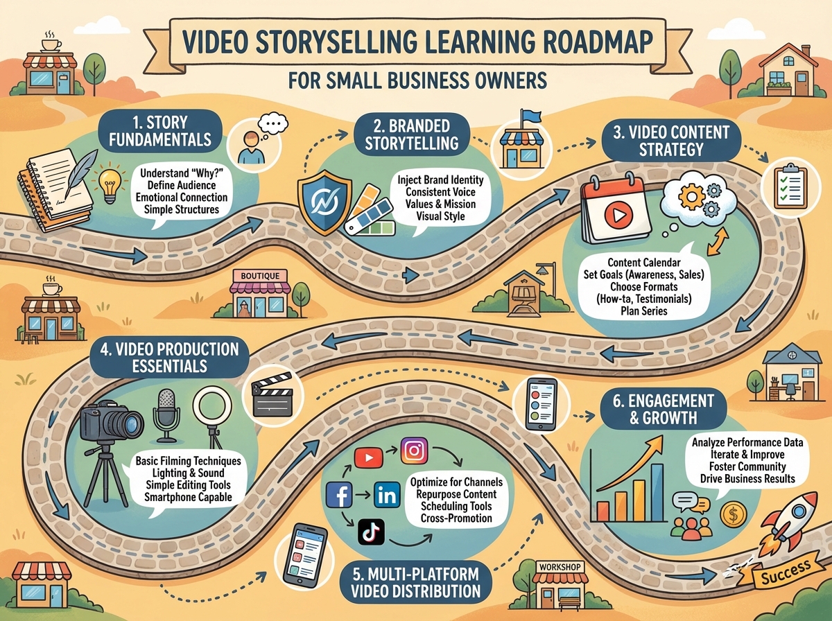Video storyselling learning roadmap for small business owners showing six sequential stages from story fundamentals through branded storytelling and multi-platform video distribution