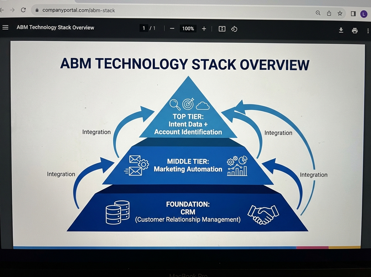 ABM technology stack overview showing CRM at foundation layer, marketing automation in middle tier, and intent data plus account identification tools in top tier with integration arrows
