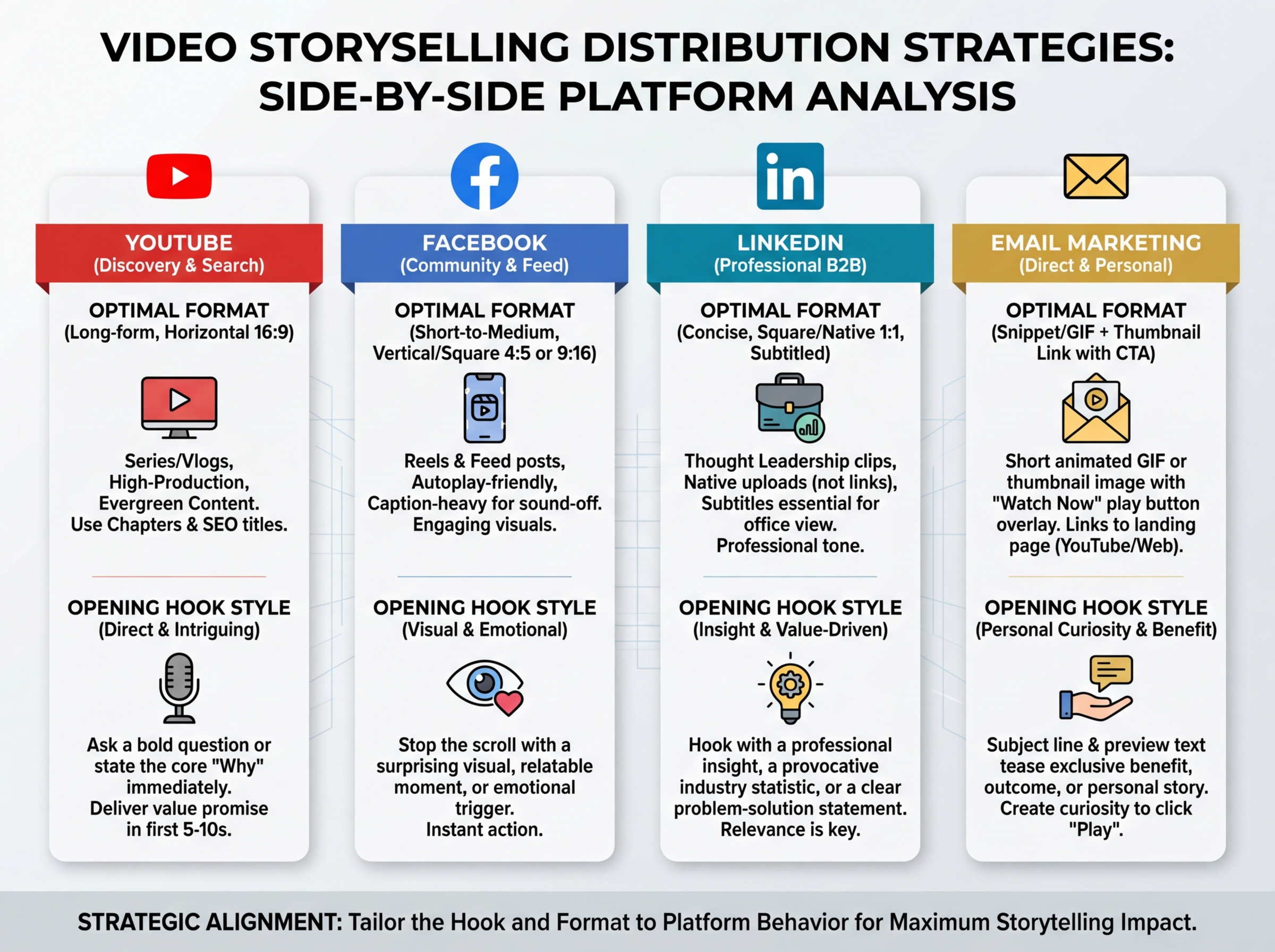 Side-by-side comparison of video storyselling distribution strategies across YouTube, Facebook, LinkedIn, and email marketing showing optimal format and opening hook style for each platform