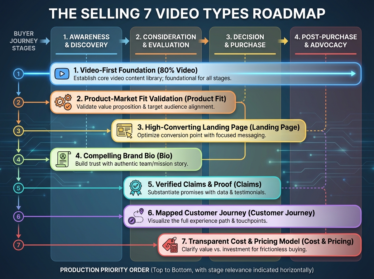 The Selling 7 video types roadmap showing all seven assets — 80% video, product fit, landing page, bio, claims, customer journey, cost and pricing — mapped to buyer journey stages with priority order for production
