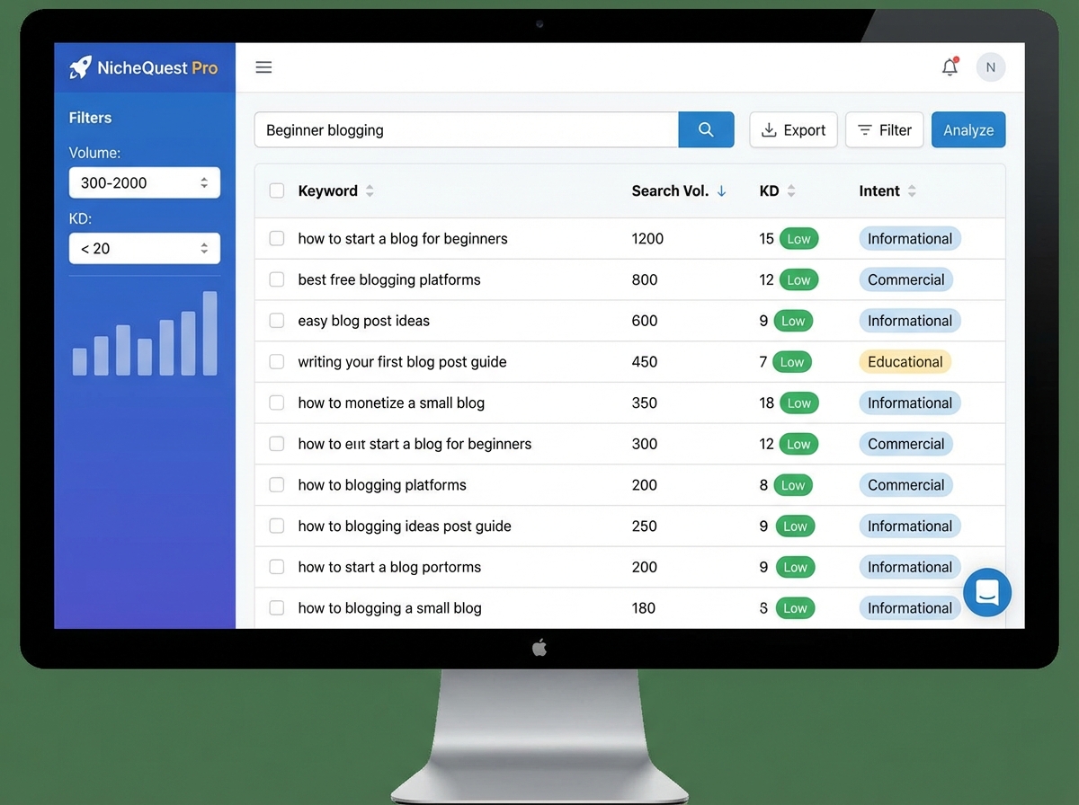 Keyword research tool interface showing long-tail blogging keywords with search volume between 300-2000 monthly searches, keyword difficulty scores under 20, and search intent classification for beginner blog niche research