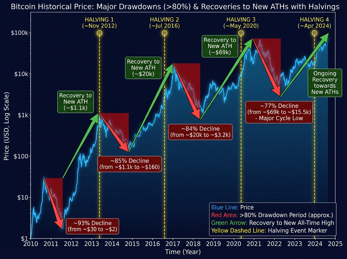 Bitcoin historical price chart showing major drawdown periods of 80%+ decline followed by recovery to new all-time highs, annotated with halving event markers