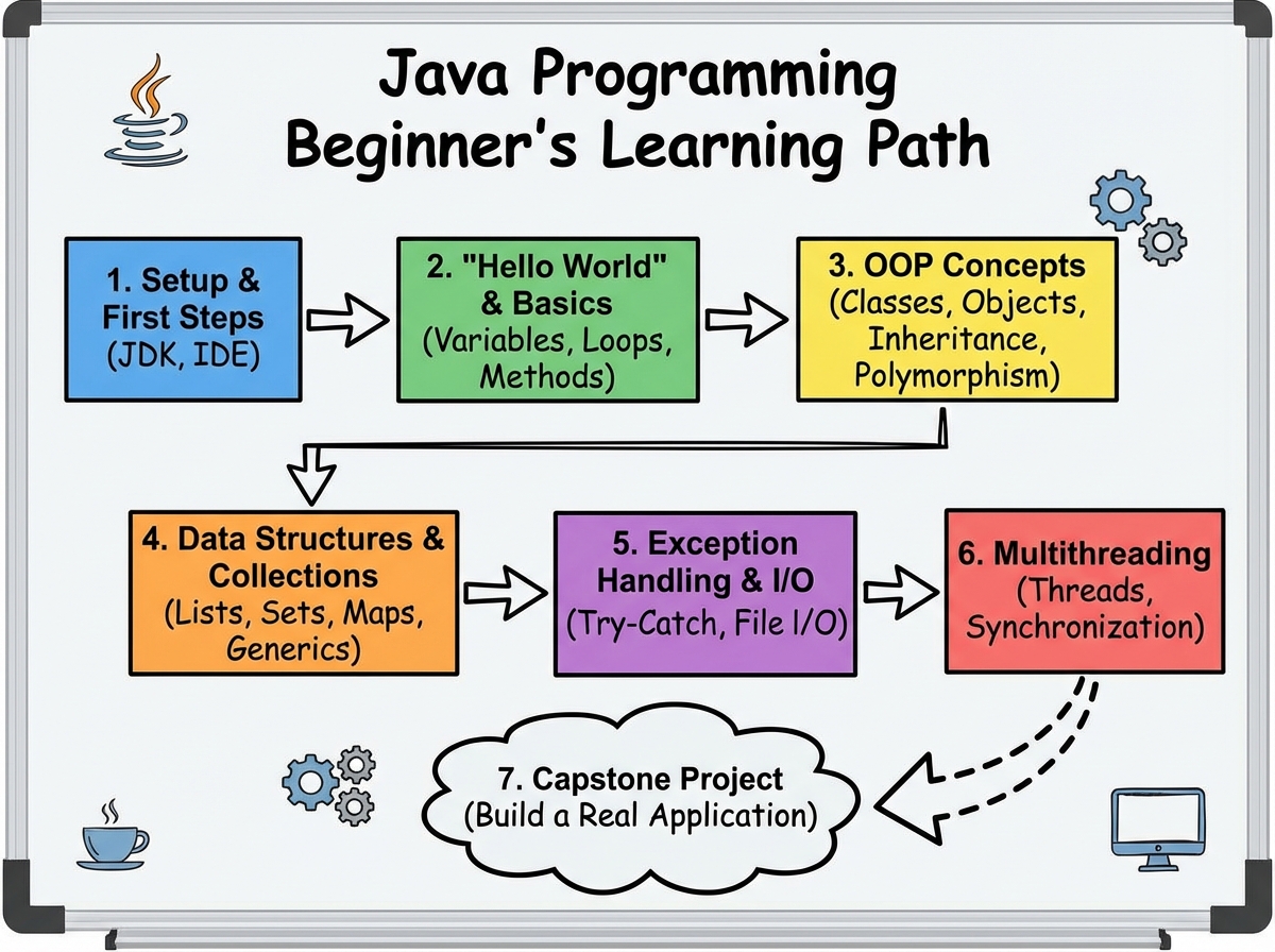 Java programming learning path diagram showing progression from JDK setup and first program through OOP concepts, collections, exception handling, multithreading, and capstone project for beginners