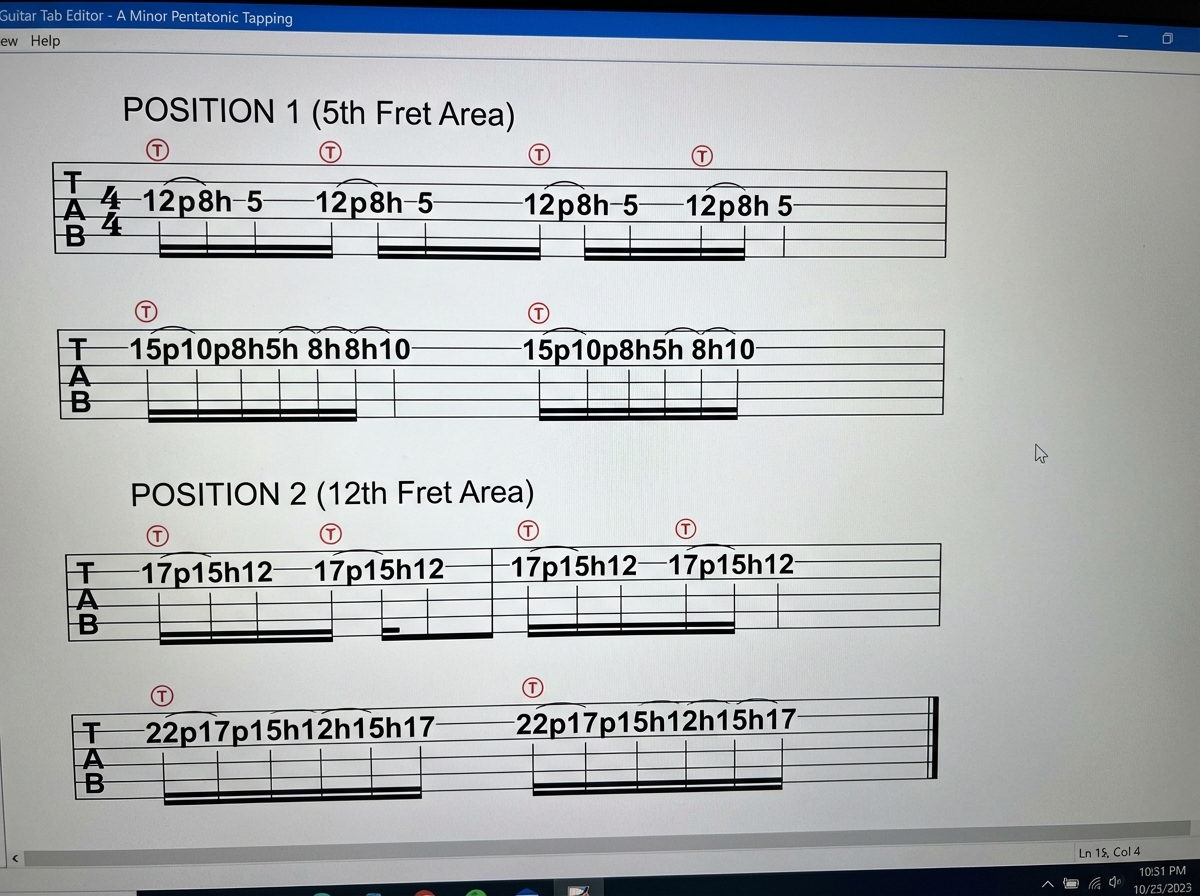 Guitar tab screenshot showing 3-note and 6-note tapping patterns in A minor pentatonic scale across two fretboard positions with tapping hand notation markers