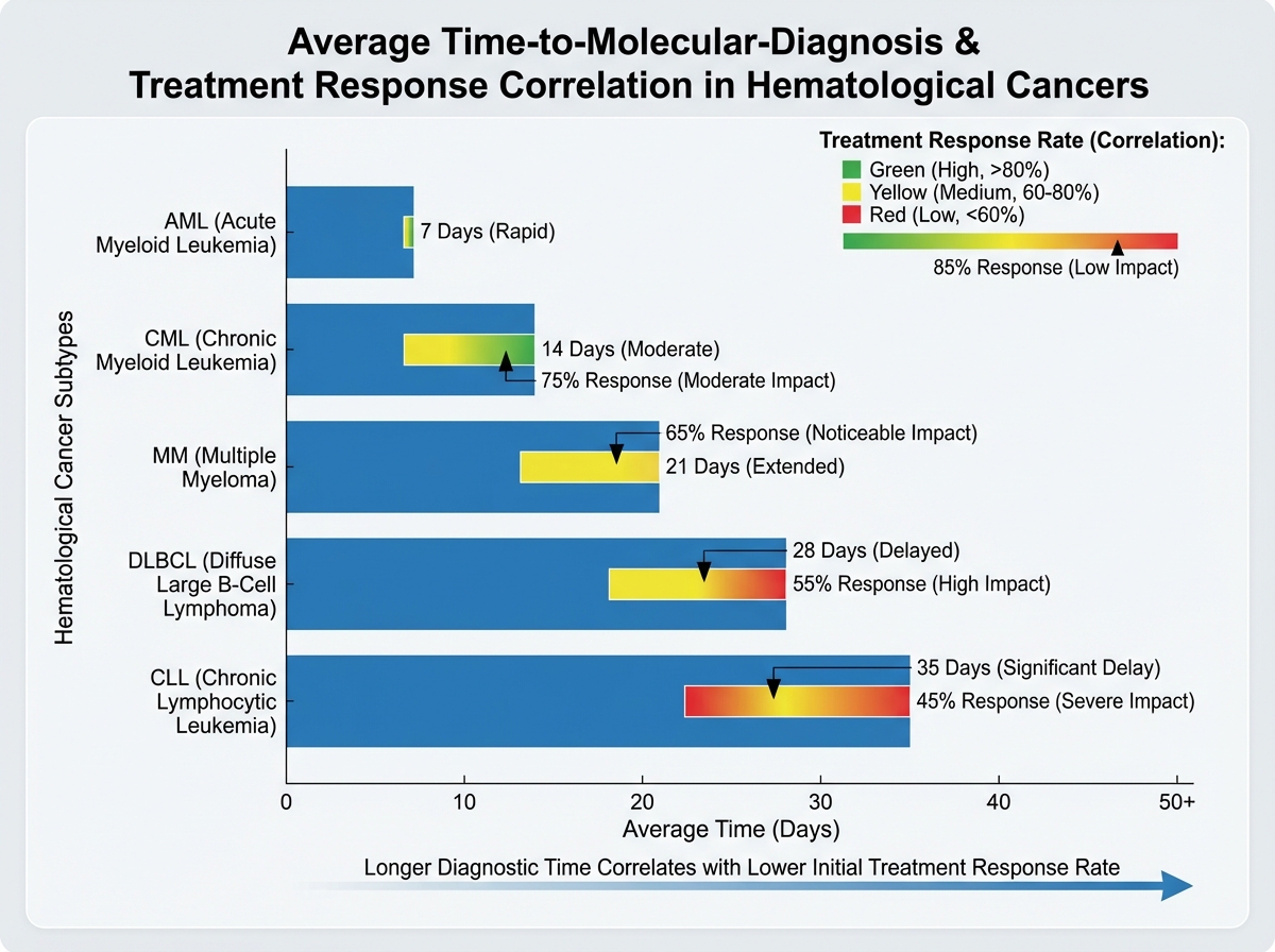Bar chart showing average time-to-molecular-diagnosis across hematological cancer subtypes with outcome correlation data illustrating impact of diagnostic delay on treatment response rates