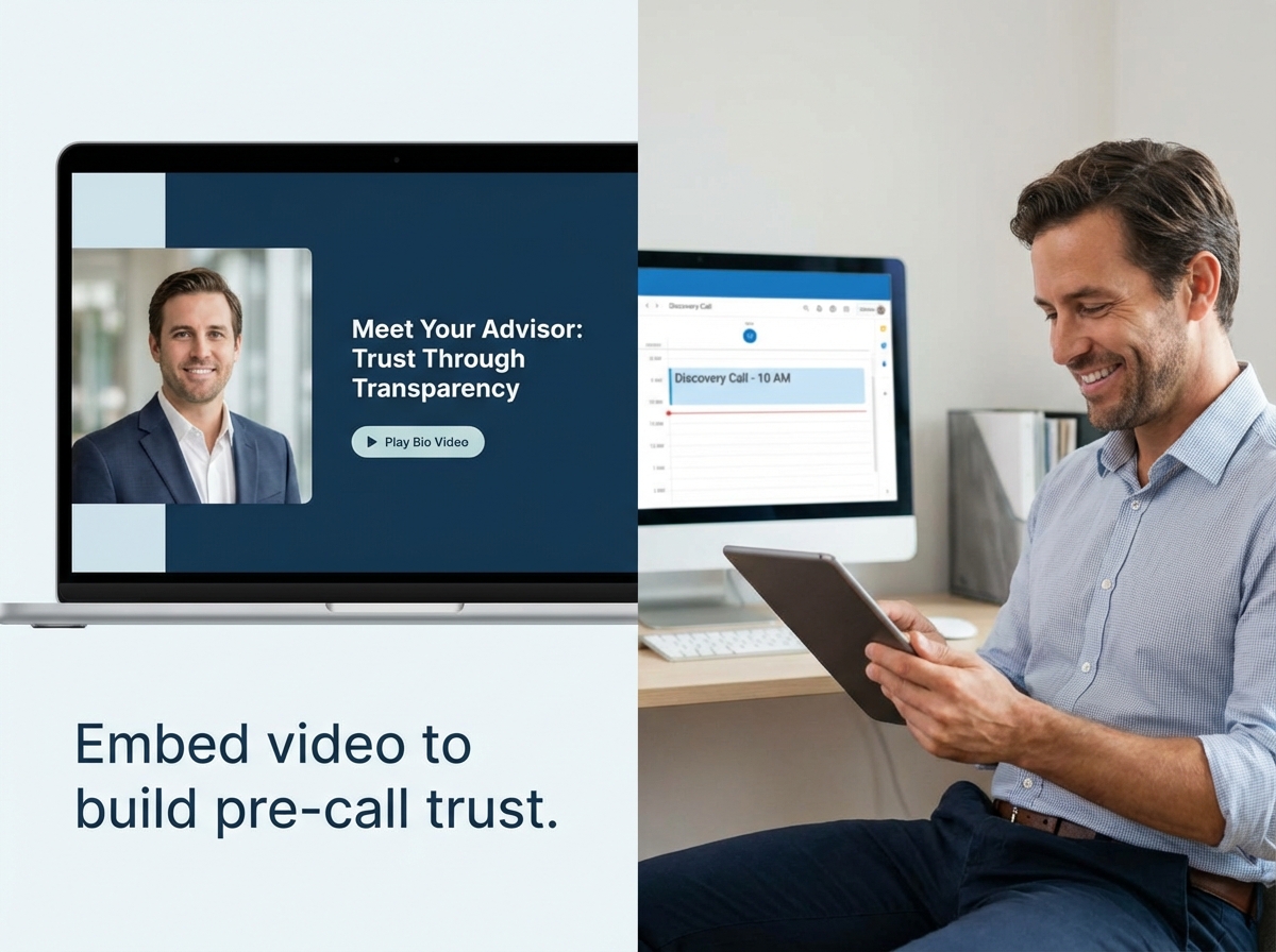 Split screen showing landing page with embedded bio video thumbnail on left, and buyer watching the bio video before a discovery call on right, illustrating pre-call trust-building through video sales strategy