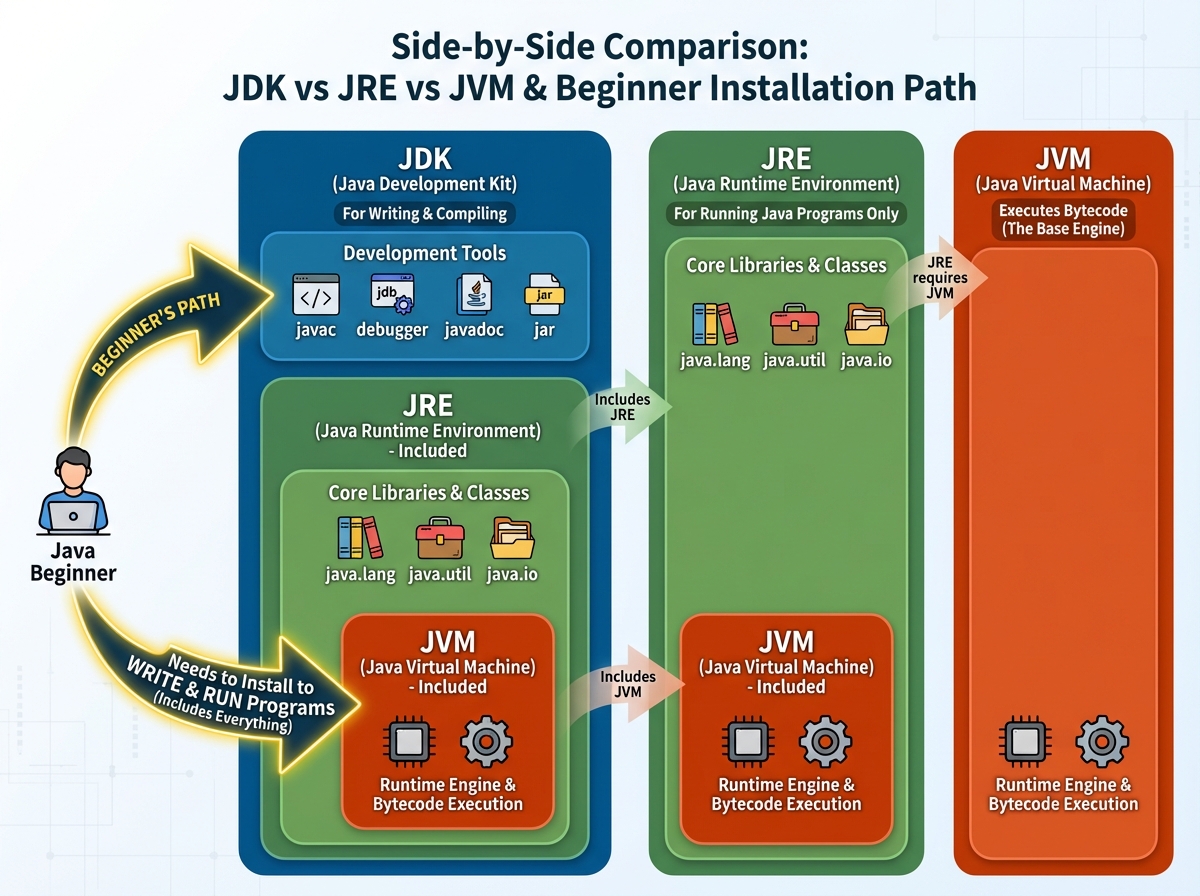 Side-by-side comparison of JDK vs JRE vs JVM showing components included in each, with arrows indicating what a Java beginner needs to install to write and run programs