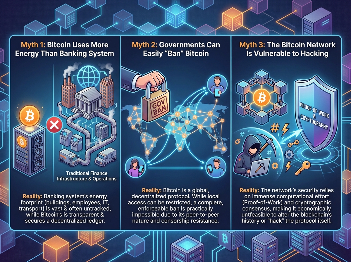 Bitcoin myth-busting visual debunking three common misconceptions: energy use comparison to banking system, government ban limitations, and network security against hacking