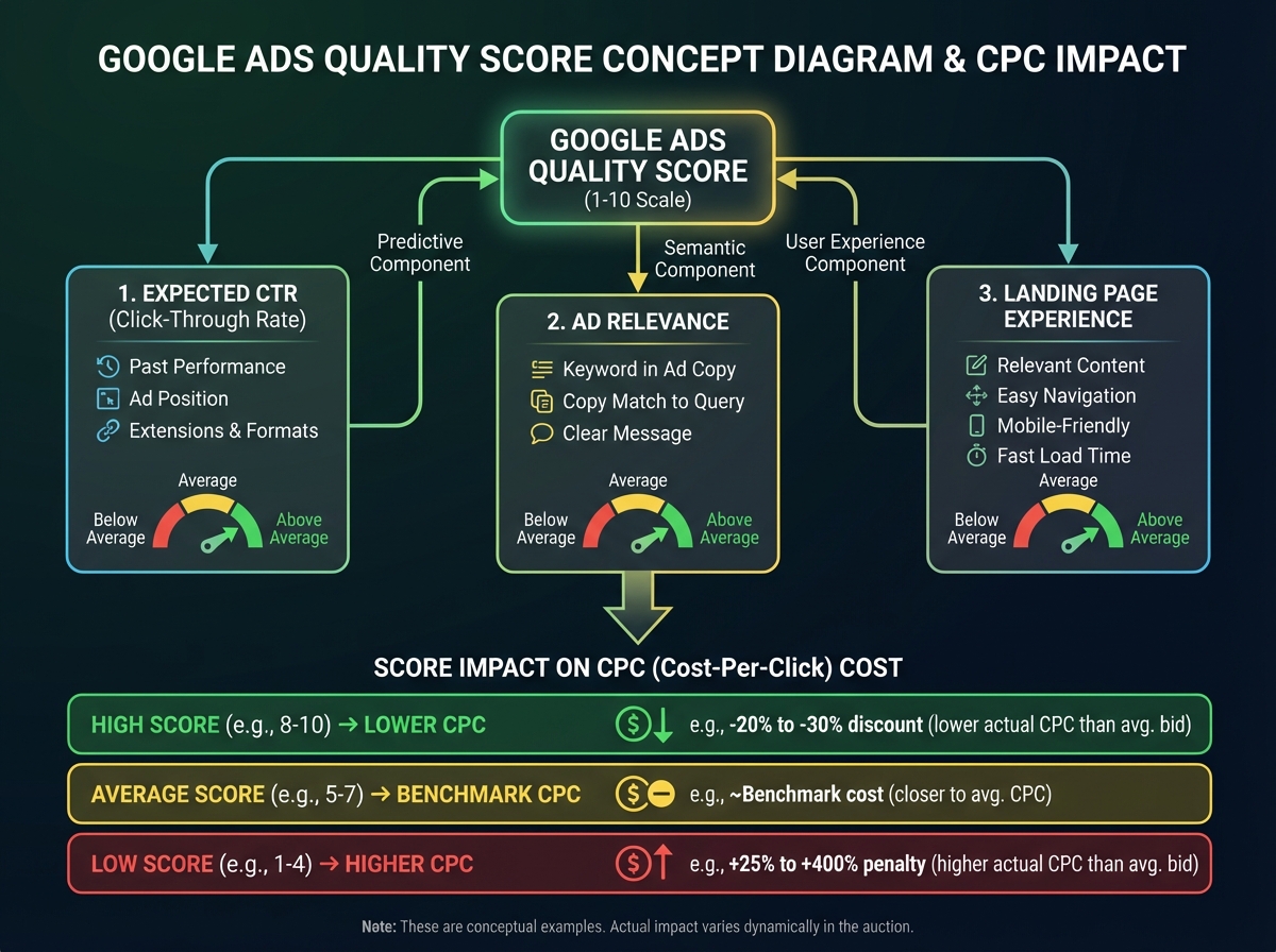 Google Ads Quality Score concept diagram breaking down three components — expected CTR, ad relevance, and landing page experience — with example score impact on CPC cost