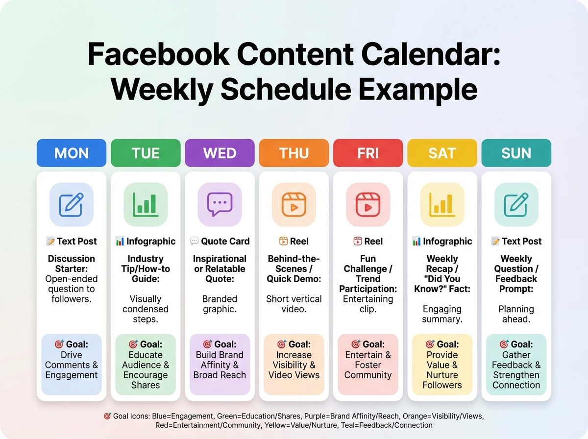 Facebook content calendar example showing weekly post schedule with content types including Reels infographic quote card and text post assigned to different days with goals labeled